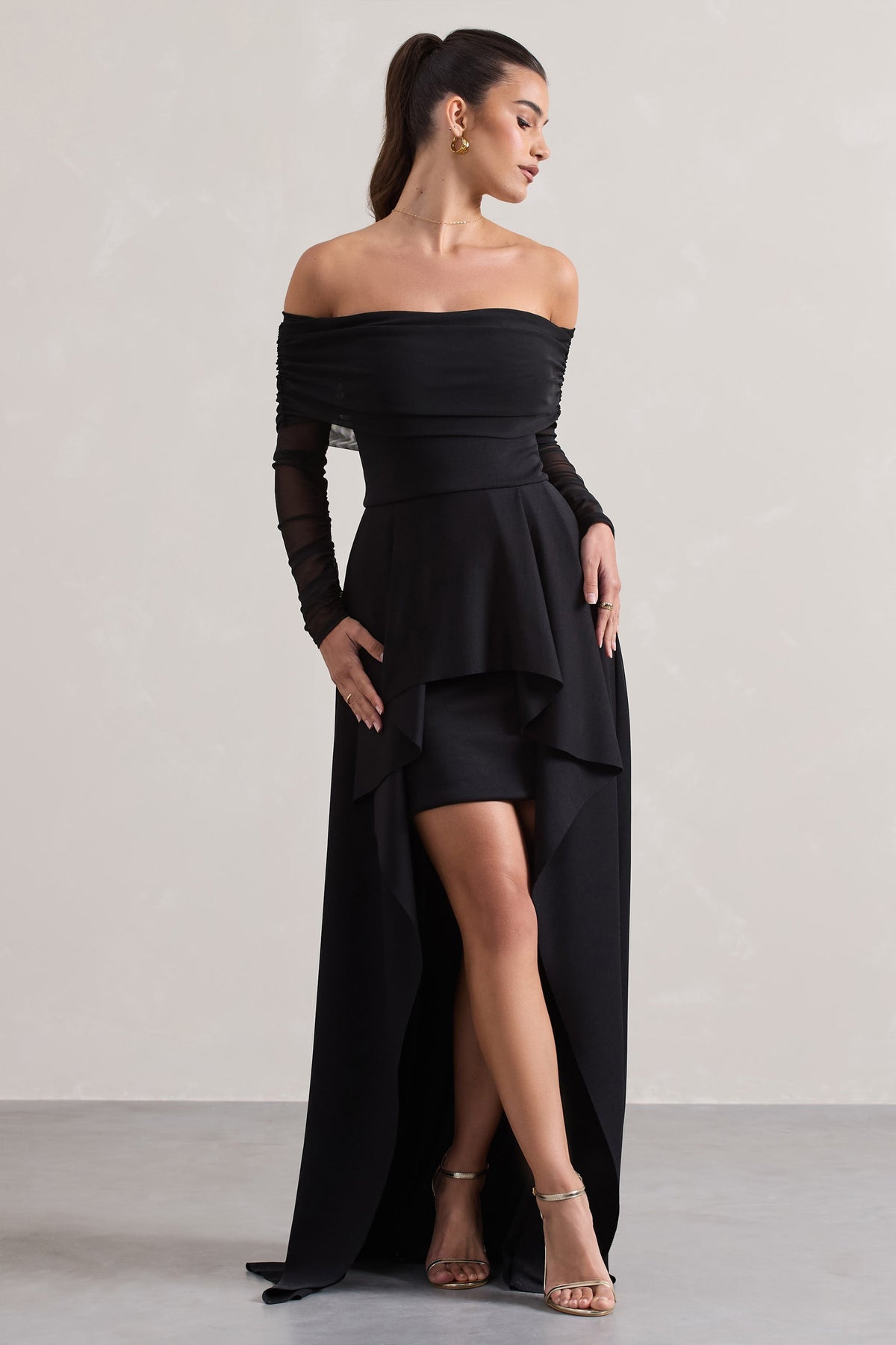 Lunara | Black Bardot High-Low Maxi Dress