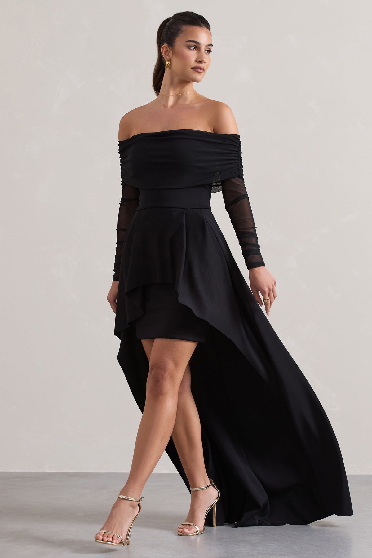 Lunara | Black Bardot High-Low Maxi Dress