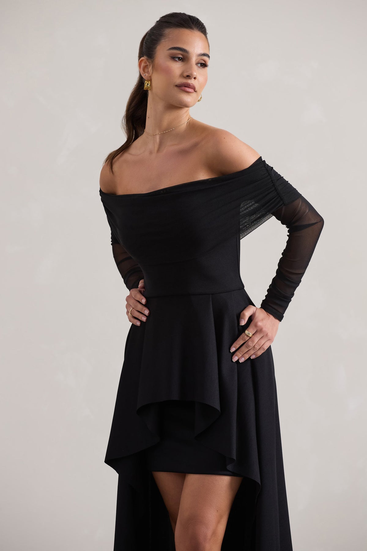 Lunara | Black Bardot High-Low Maxi Dress