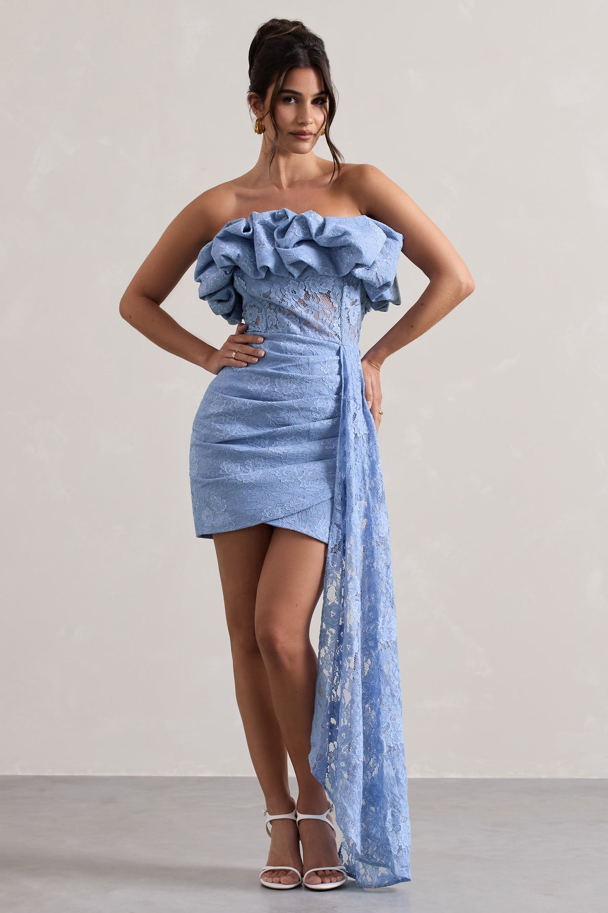 Neptune | Blue Lace Strapless Ruffled Mini Dress With Drape