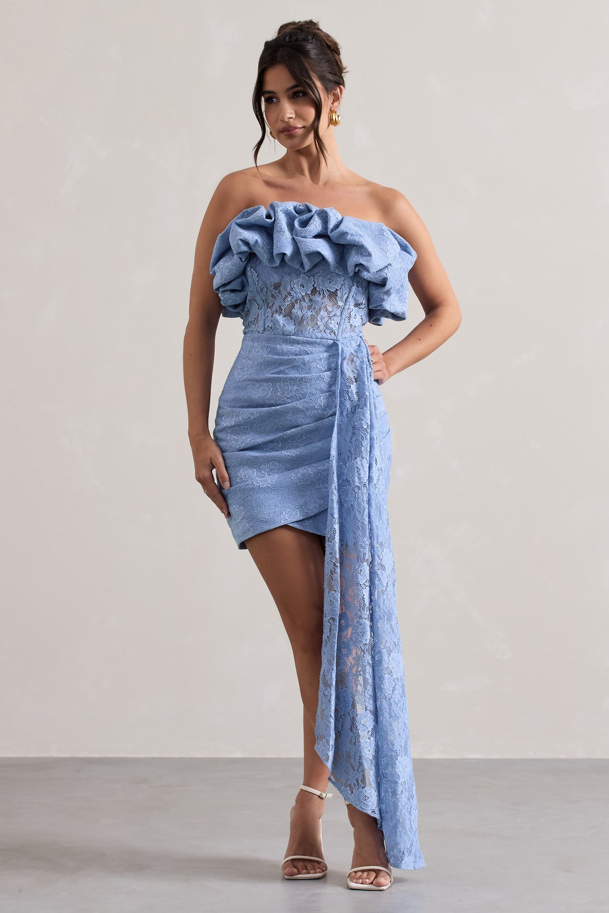 Neptune Blue Lace Strapless Ruffled Mini Dress With Drape Club L London - SA Neptune Blue Lace Strapless Ruffled Mini Dress With Drape Club L London - SA