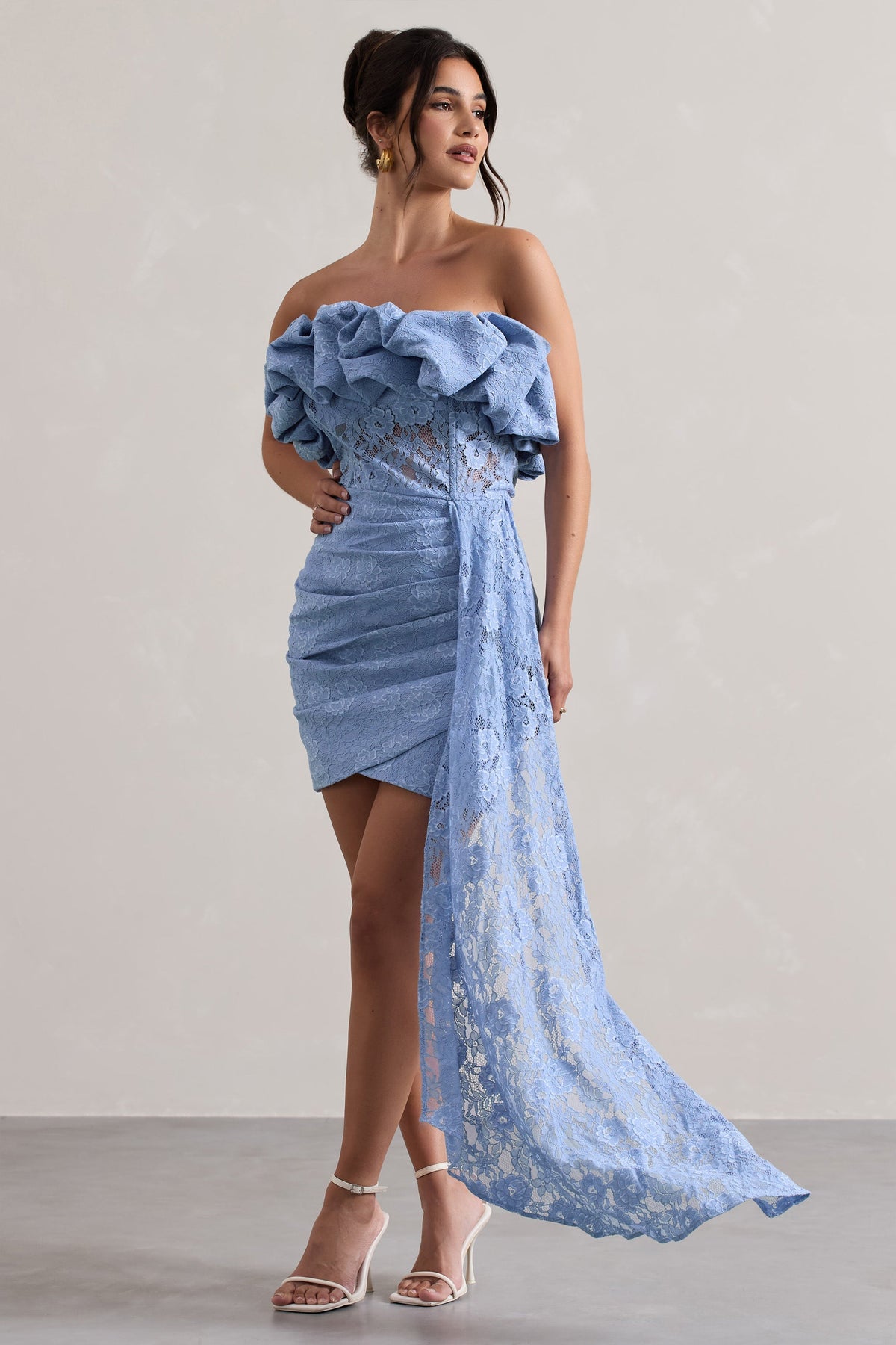 Neptune Blue Lace Strapless Ruffled Mini Dress With Drape Club L London - SA Neptune Blue Lace Strapless Ruffled Mini Dress With Drape Club L London - SA