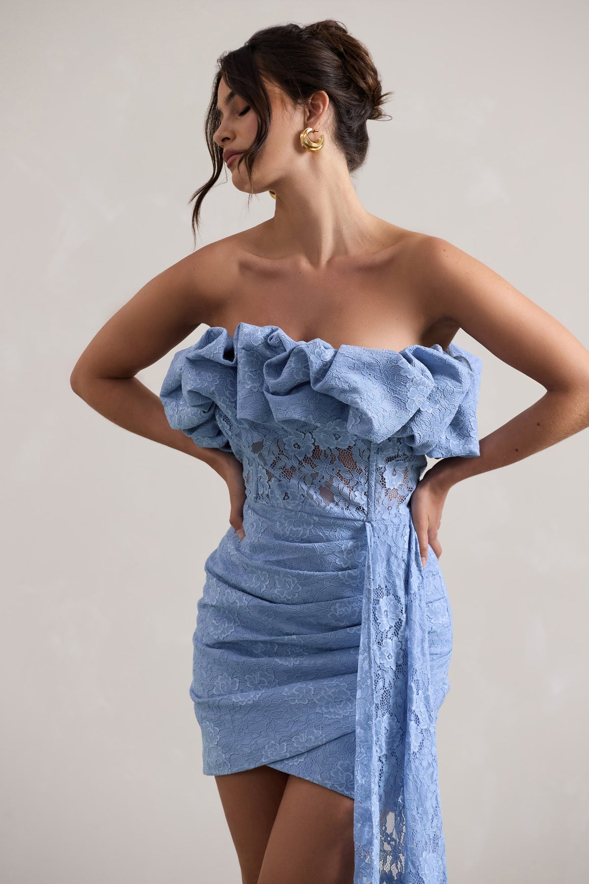 Neptune | Blue Lace Strapless Ruffled Mini Dress With Drape