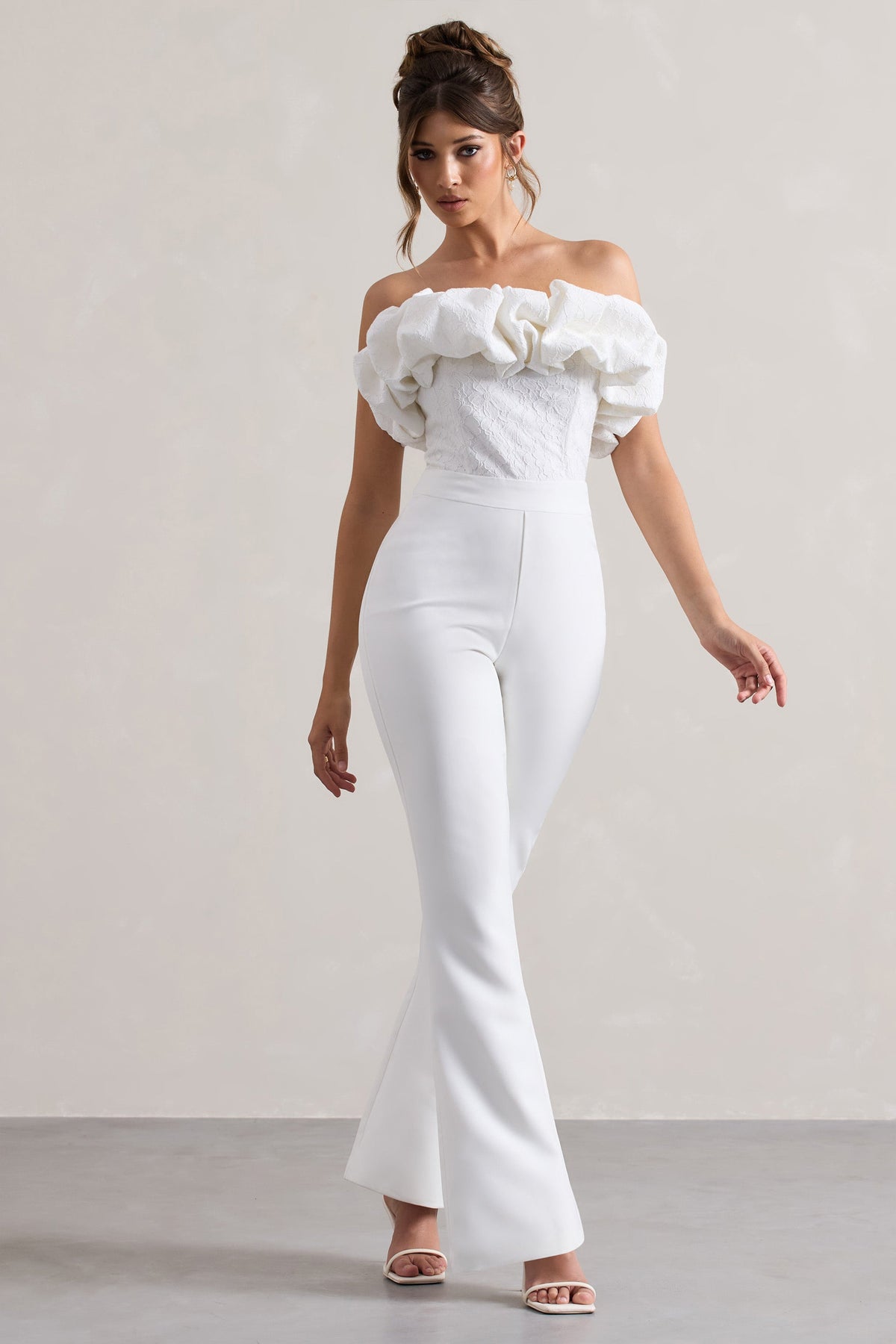 Maddox | White Strapless Ruffled Flared-Leg Jumpsuit