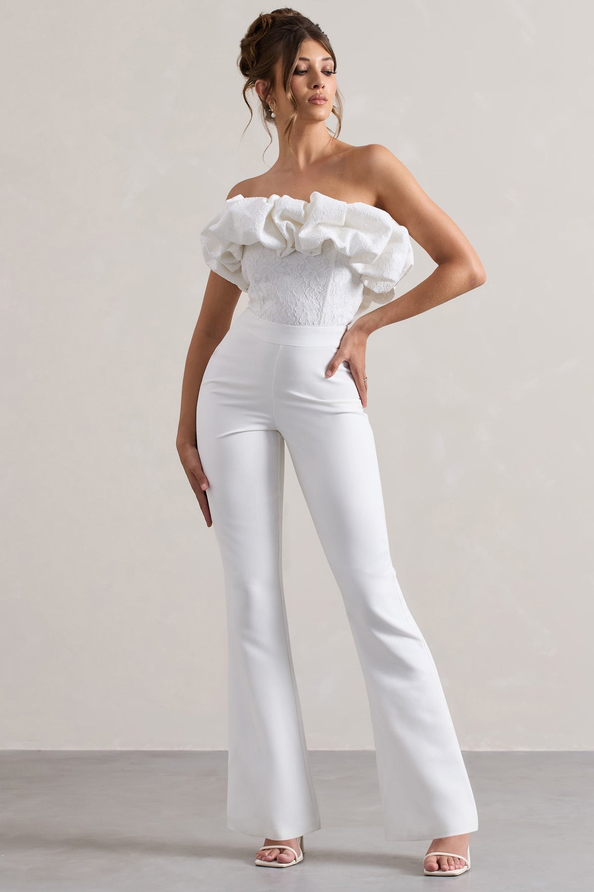 Maddox | White Strapless Ruffled Flared-Leg Jumpsuit