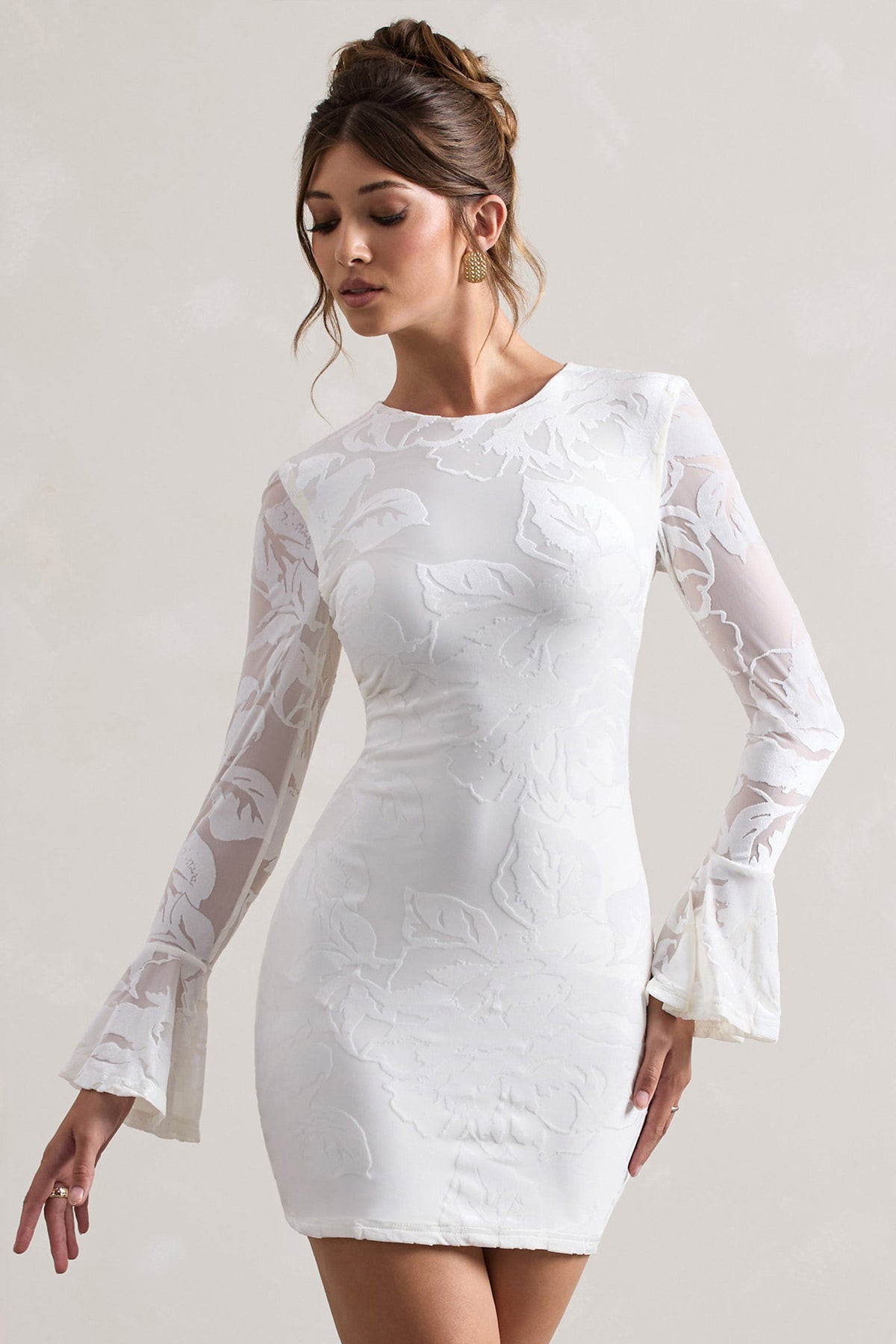 Della | White Bodycon Flared-Sleeve Mini Dress