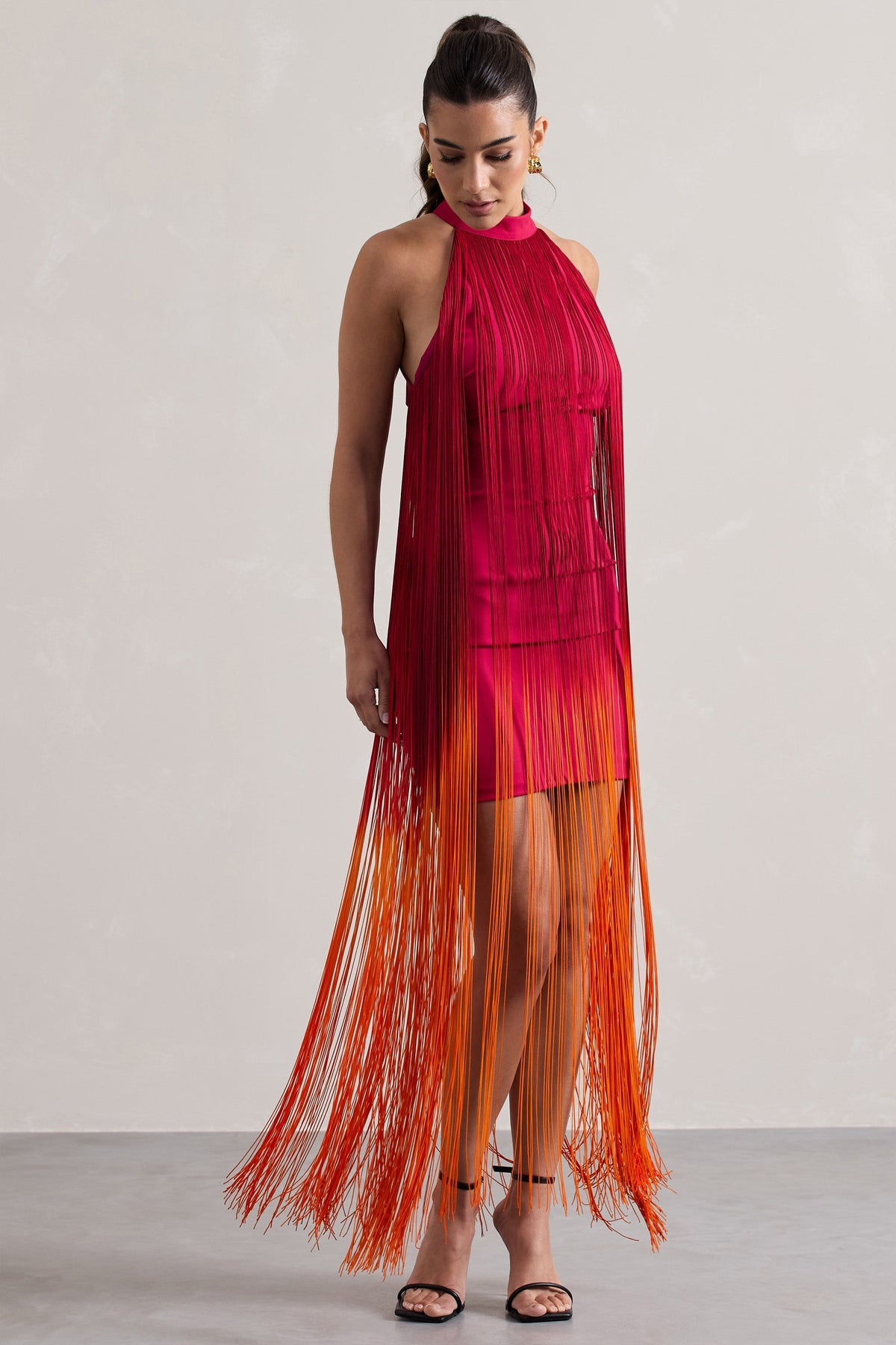 Arizona | Pink & Orange Ombre Fringe High-Neck Mini Dress