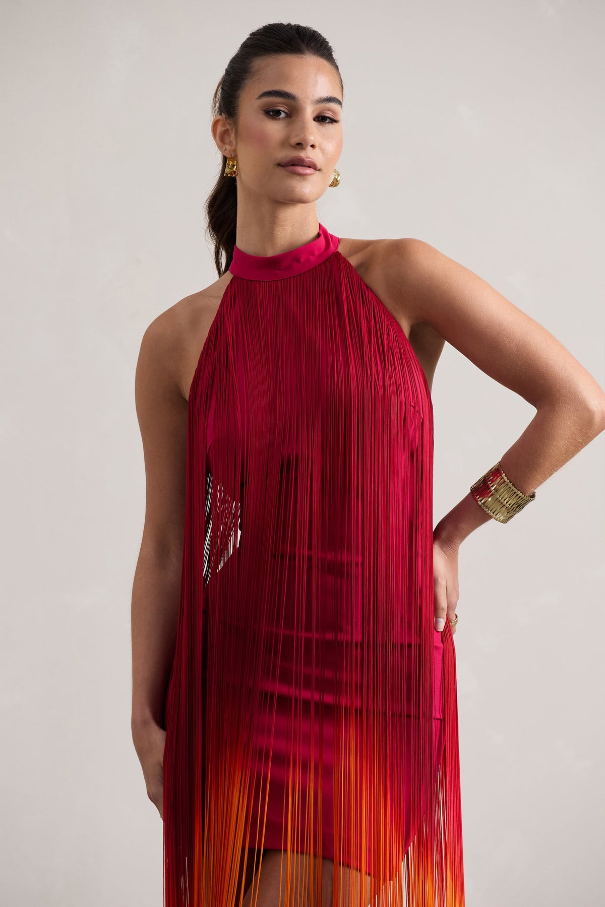 Arizona | Pink & Orange Ombre Fringe High-Neck Mini Dress