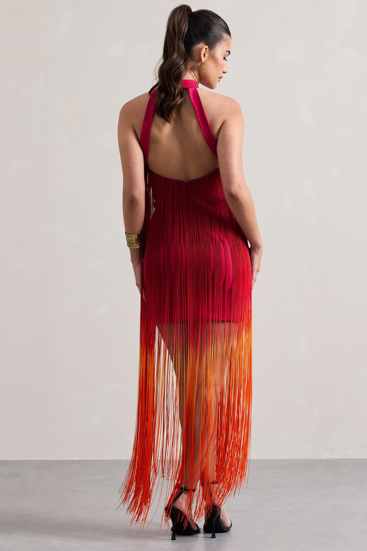 Arizona | Pink & Orange Ombre Fringe High-Neck Mini Dress