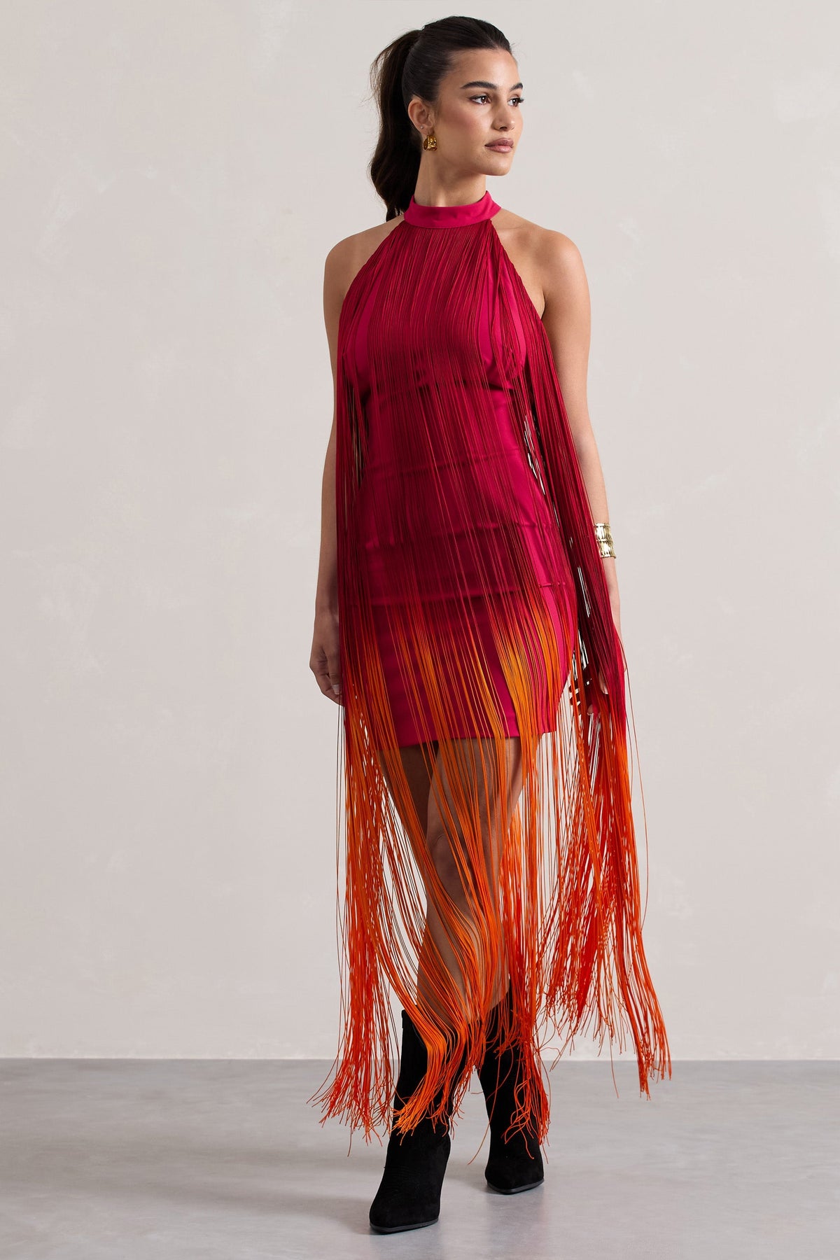 Arizona | Pink & Orange Ombre Fringe High-Neck Mini Dress