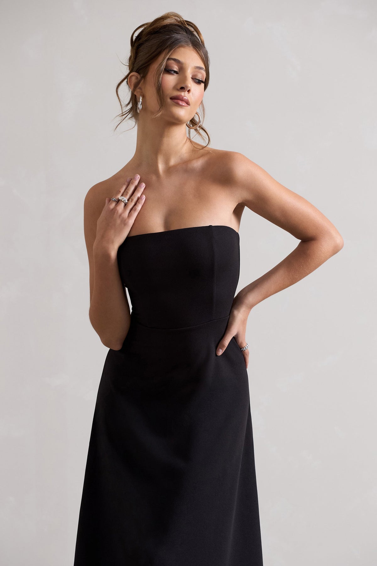 Ariela | Black Bandeau High-Low Midi Dress