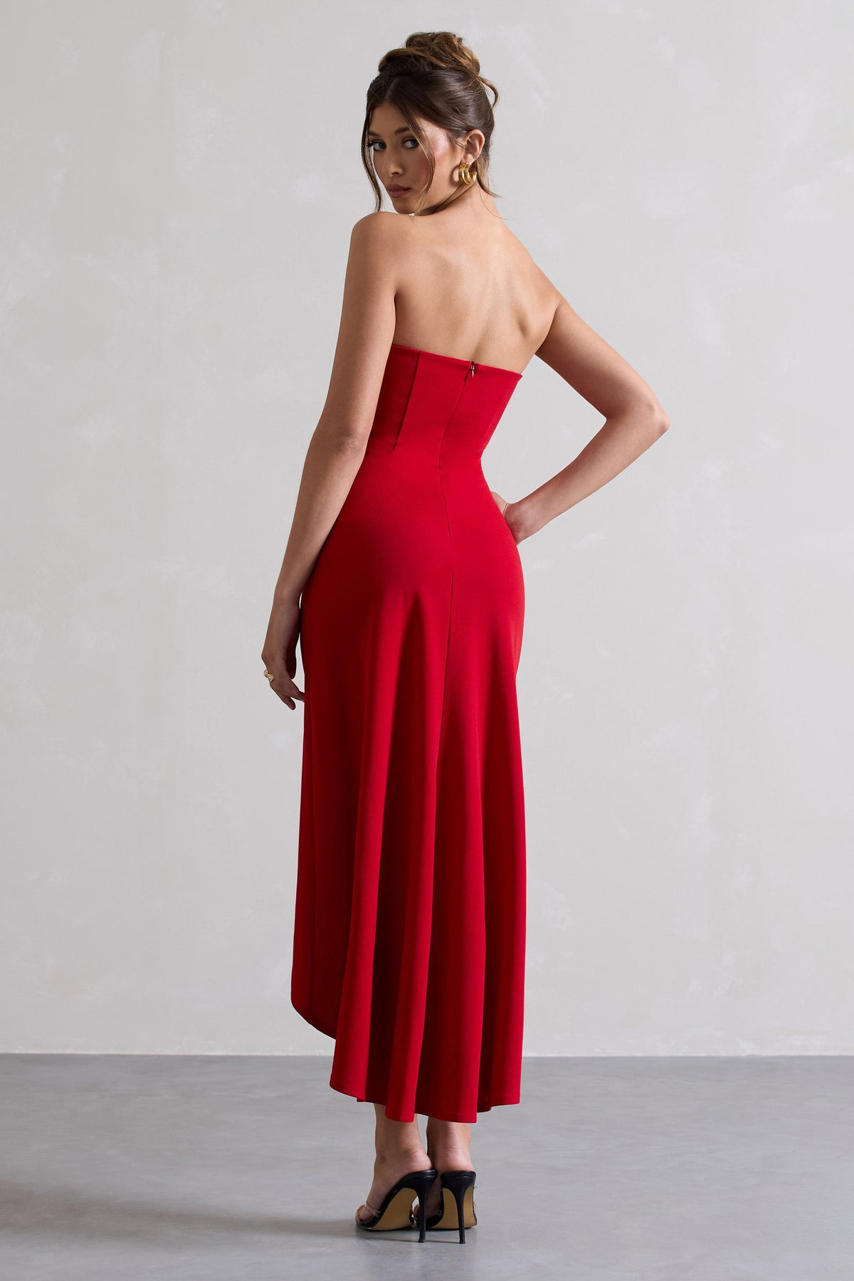 Ariela | Red Bandeau High-Low Midi Dress