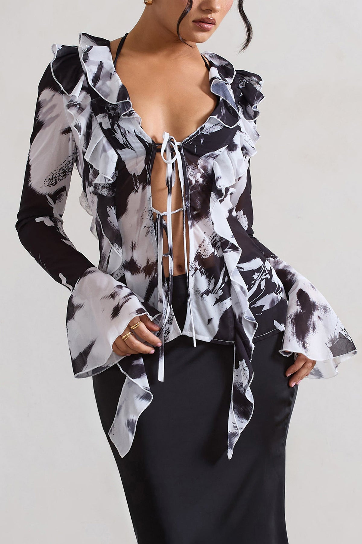 Milan | Monochrome Floral Print Ruffle Tie-Front Blouse