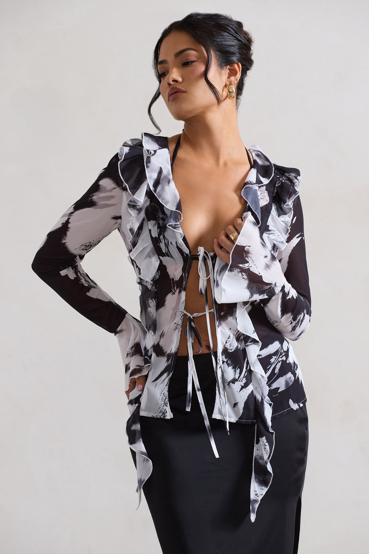 Milan | Monochrome Floral Print Ruffle Tie-Front Blouse