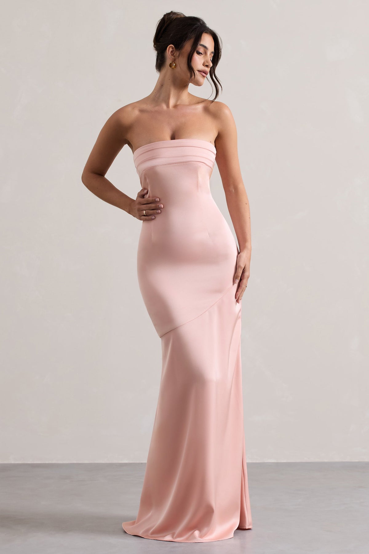 Colada | Pink Satin Pleated Bandeau Maxi Dress