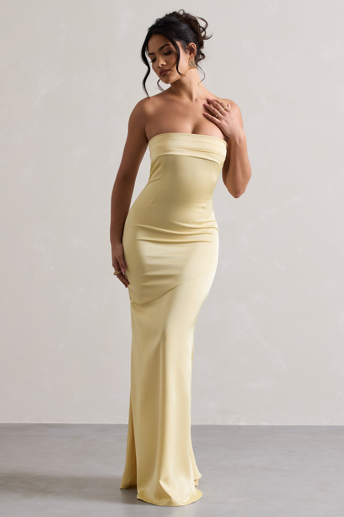 Colada | Lemon Satin Pleated Bandeau Maxi Dress