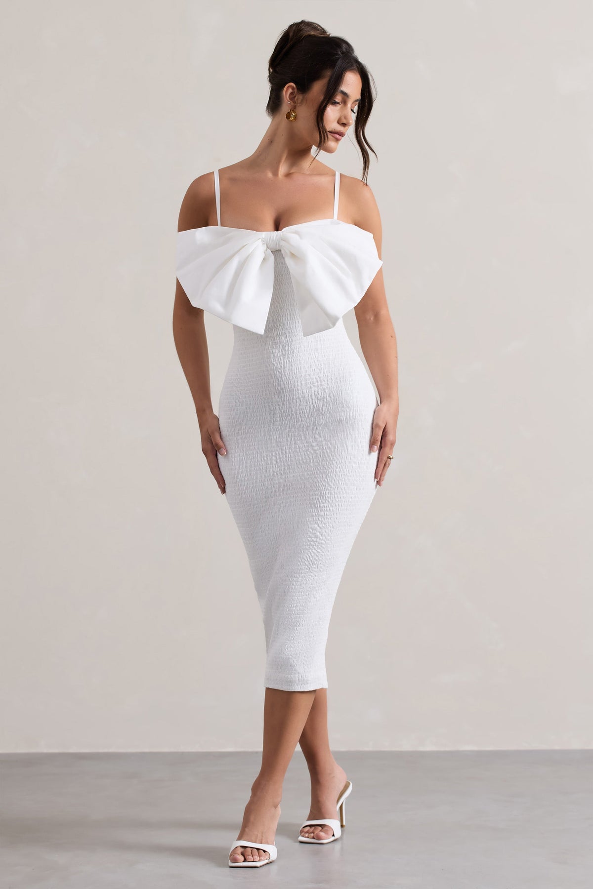 oversize white midi dress Linen Blend White Off Shoulder Midi Dress - All Dresses
