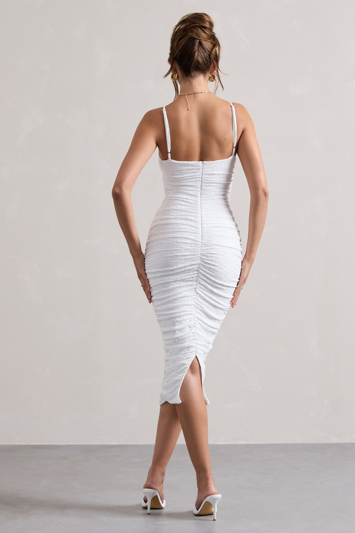 Cannes | White Broderie Knit Strappy Twist Midi Dress