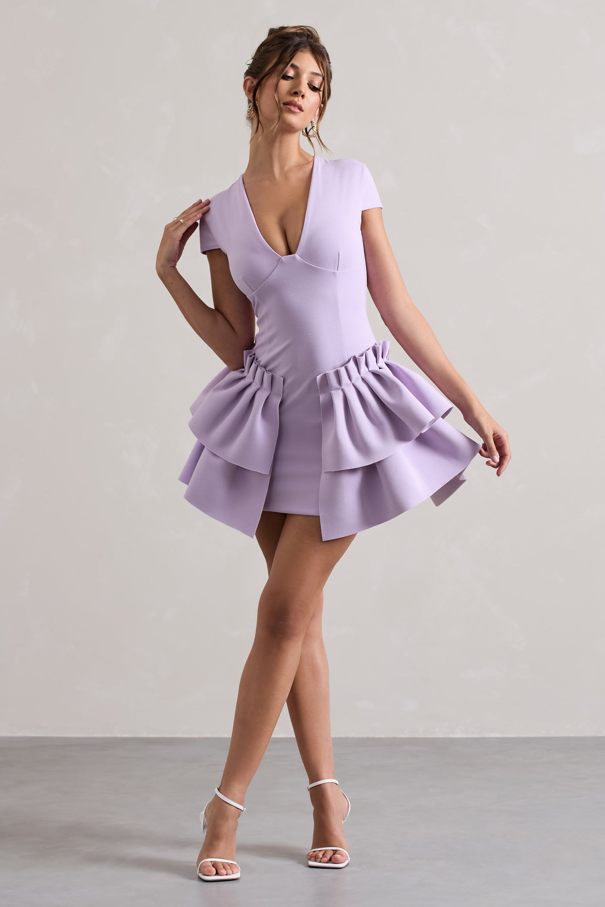 Genevieve | Lilac Plunge-Neck Mini Dress With Layered Hem