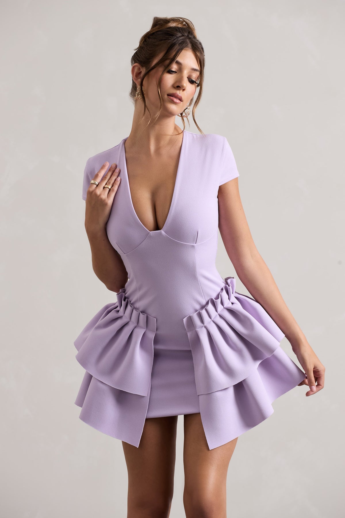 Genevieve | Lilac Plunge-Neck Mini Dress With Layered Hem