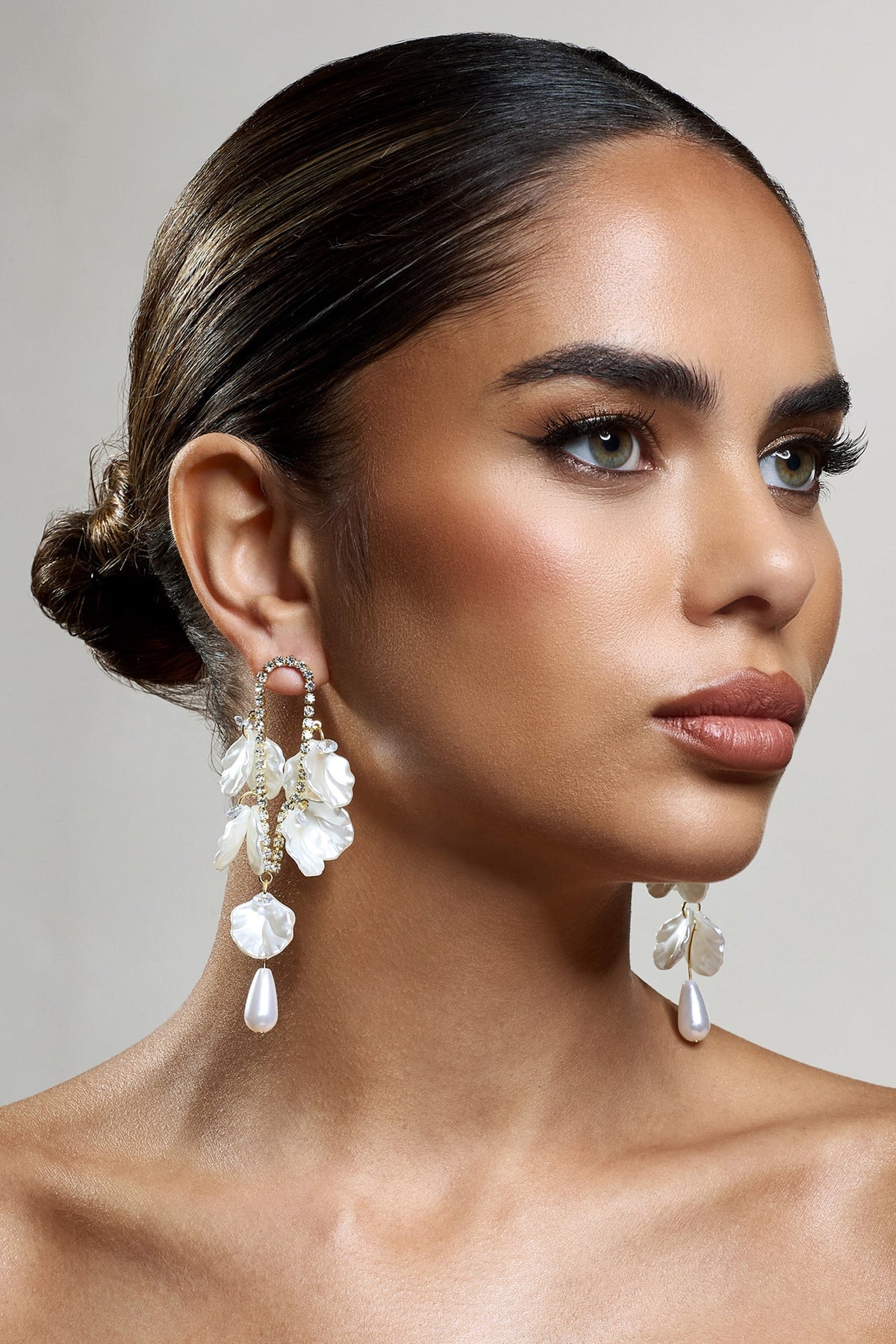Lavinie | Gold Diamante Pearl Petal Dangle Earrings