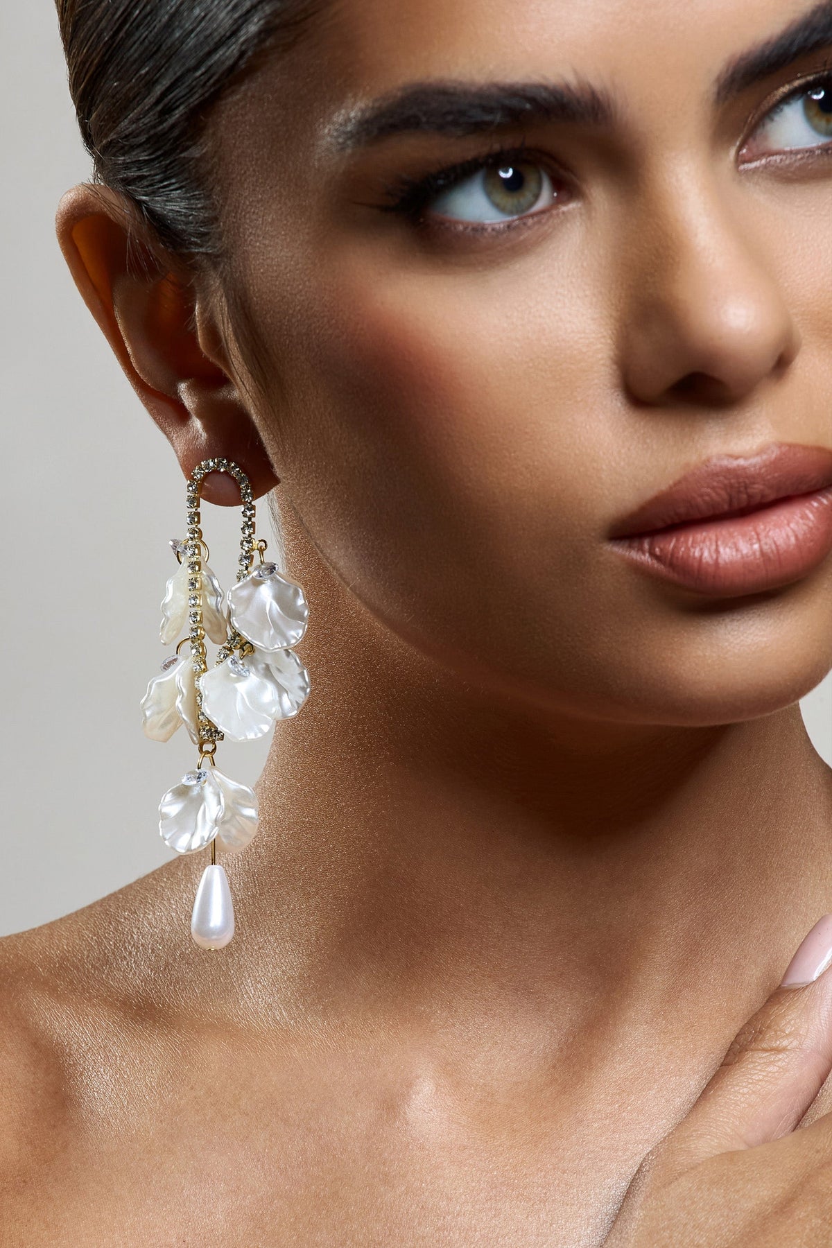Lavinie | Gold Diamante Pearl Petal Dangle Earrings