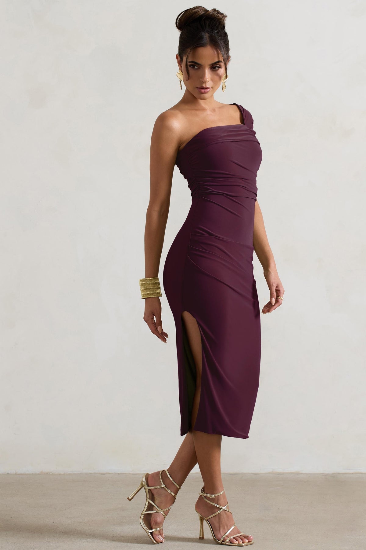 Hawaii | Plum Asymmetric One-Shoulder Split Midi Dress