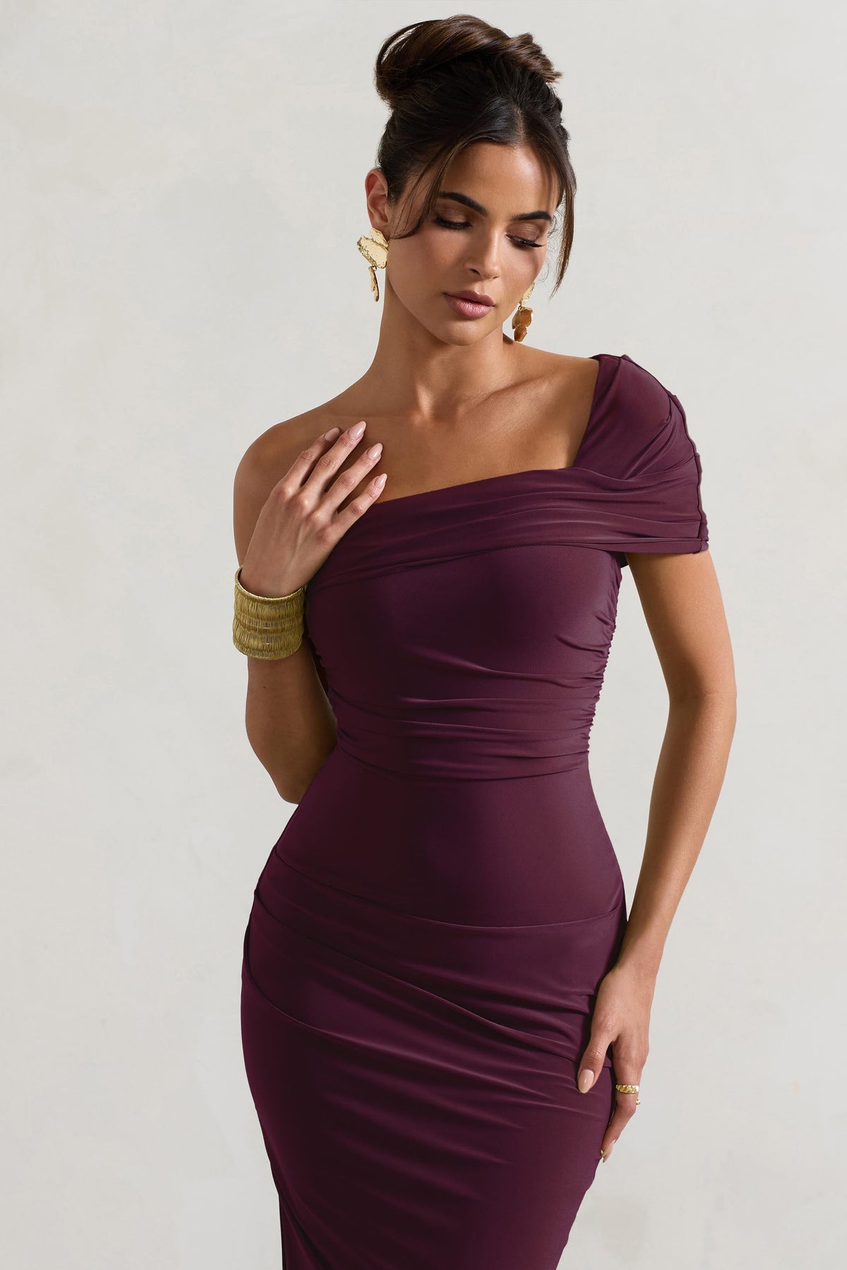 Hawaii | Plum Asymmetric One-Shoulder Split Midi Dress