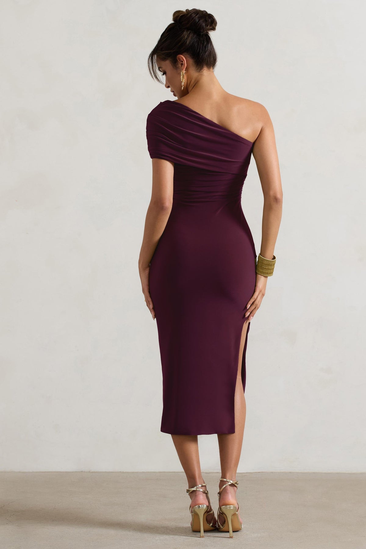 Hawaii | Plum Asymmetric One-Shoulder Split Midi Dress