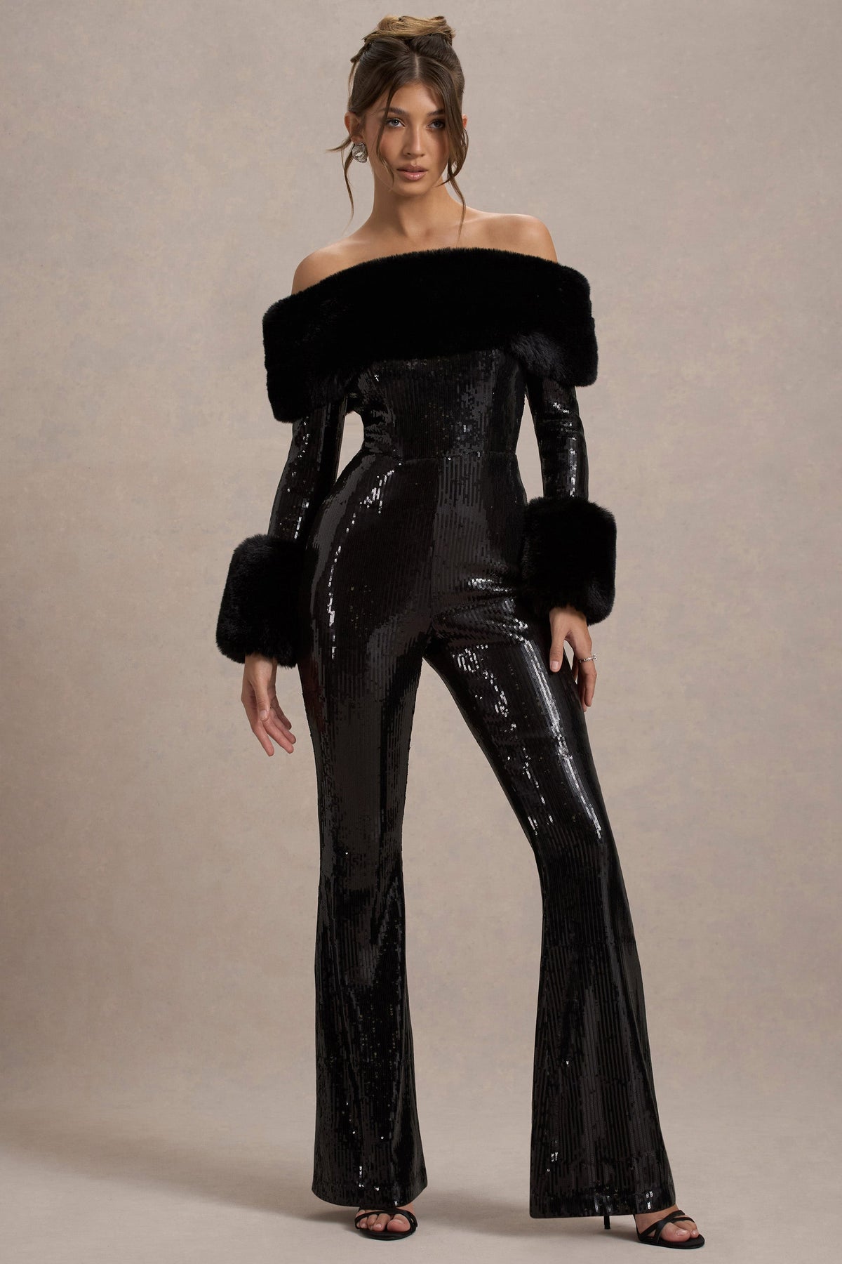 Lunar | Black Sequin Bardot Flared-Leg Jumpsuit With Fur