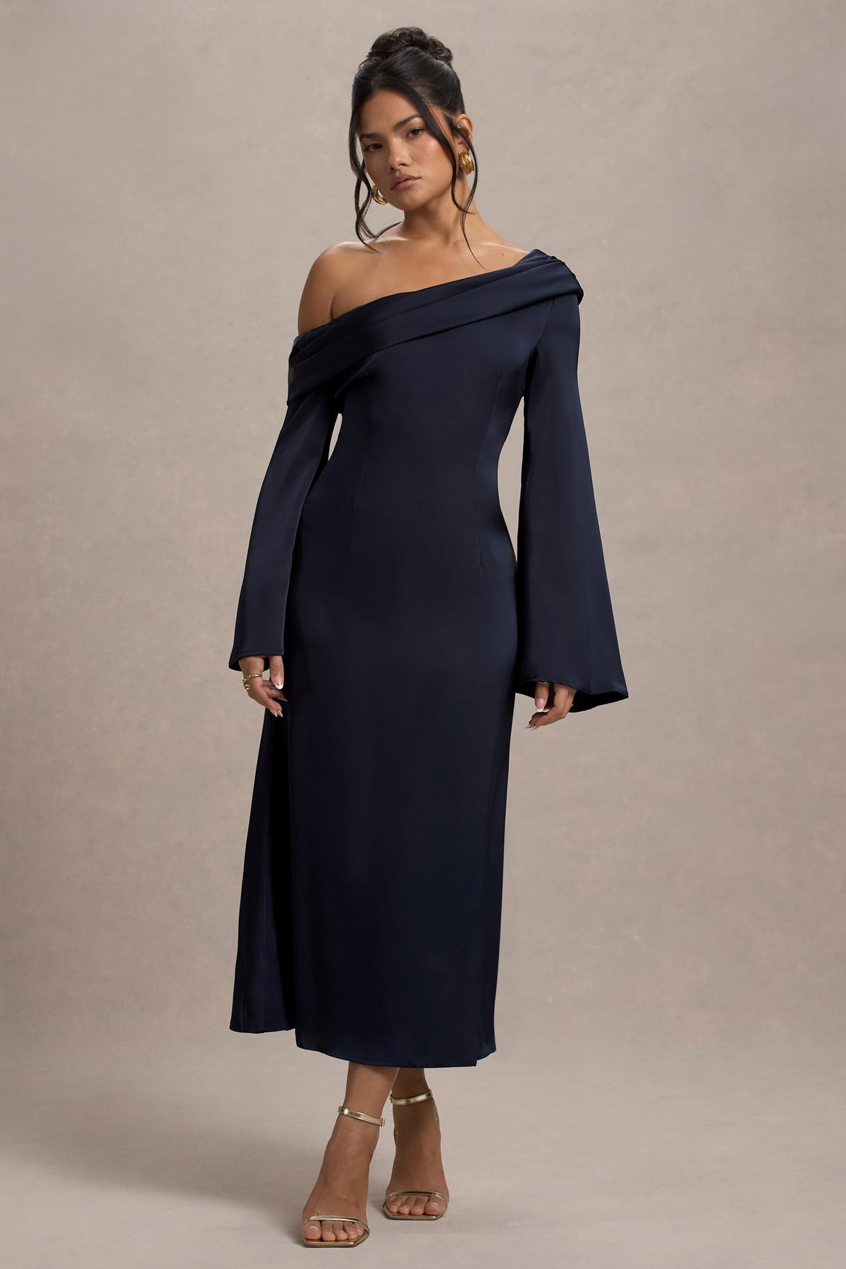 Astral | Navy Satin Asymmetric Flared-Sleeve Midi Dress