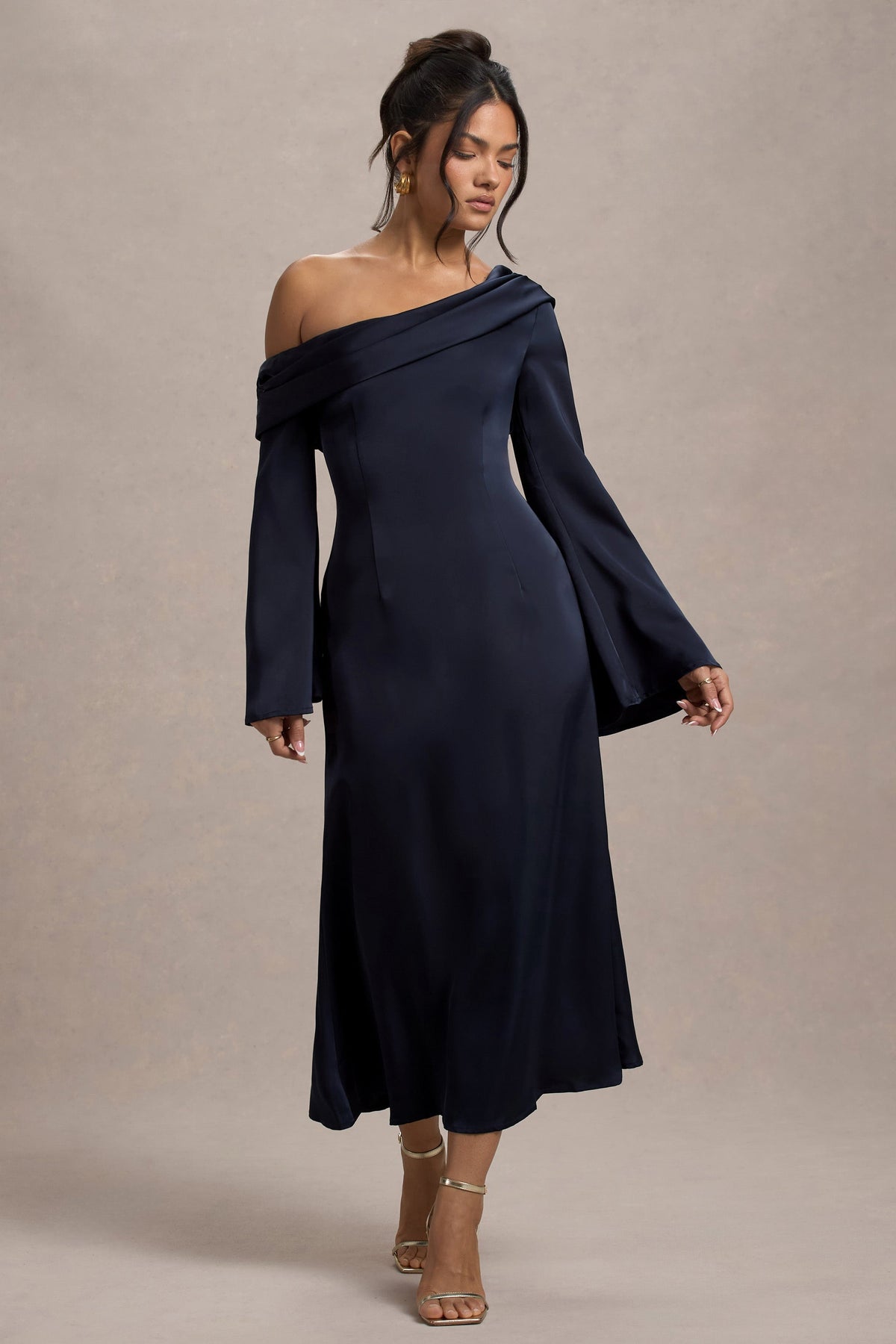 Astral | Navy Satin Asymmetric Flared-Sleeve Midi Dress