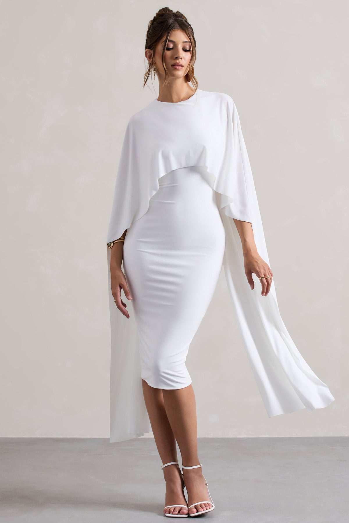 Vana | White Draped Midi Dress With Cape Sleeves