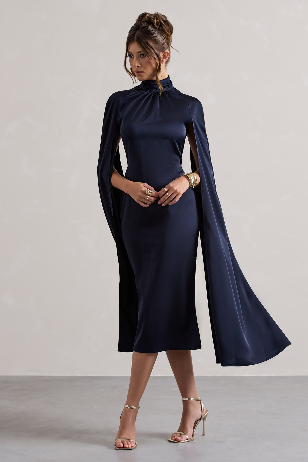 Brogan | Navy Satin High-Neck Midi Dress With Cape Sleeves