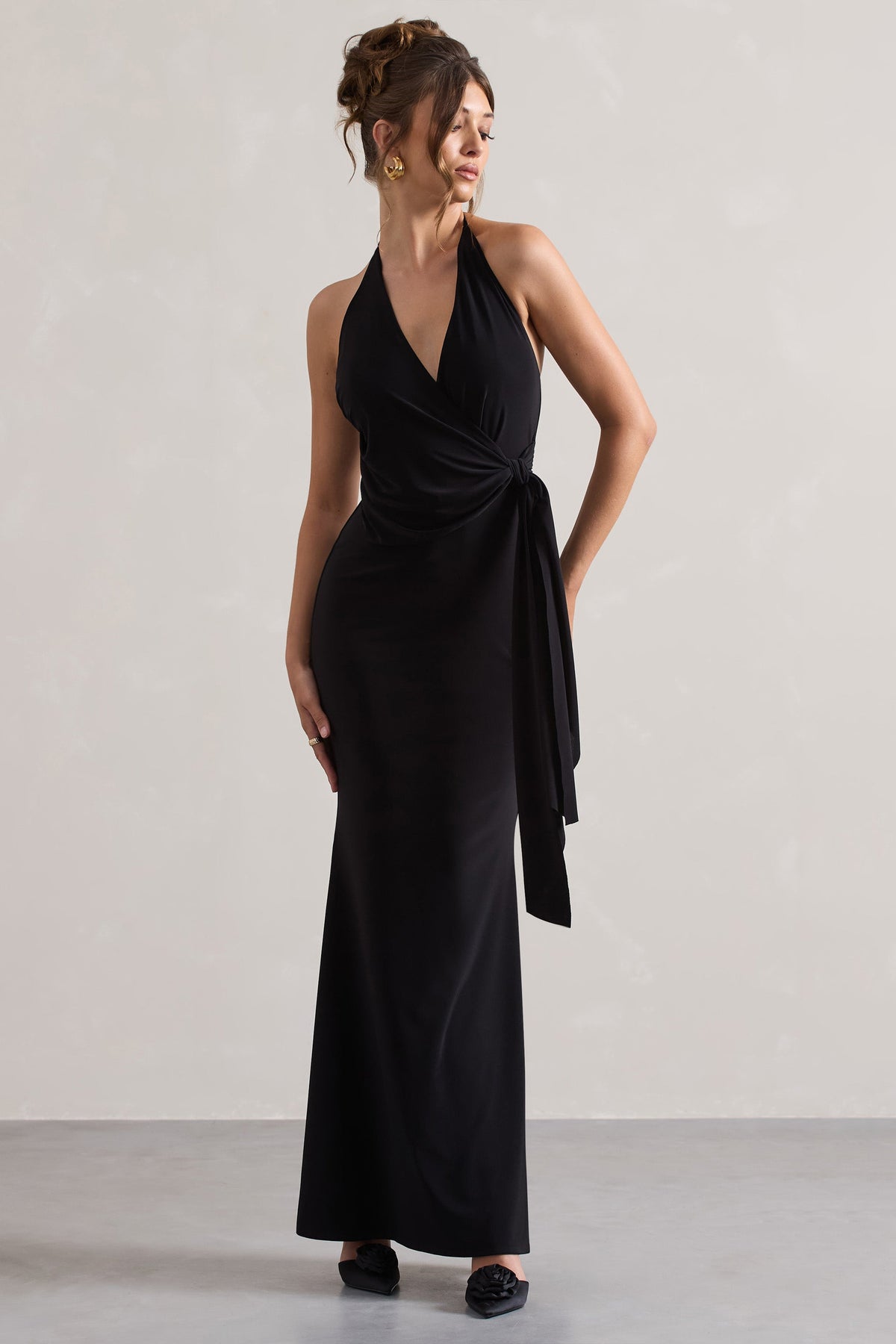 Janelle | Black Halter-Neck Gathered Drape Maxi Dress