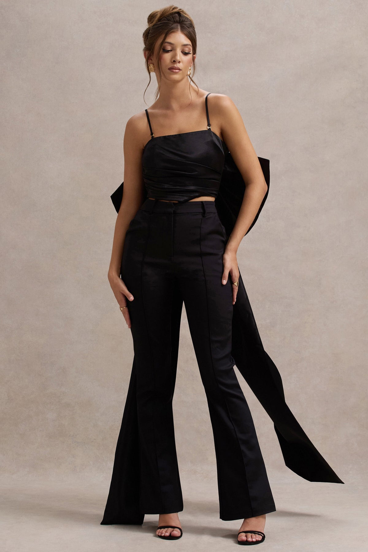 Sweet Escape | Black Satin Crop Top With Oversized Satin Bow