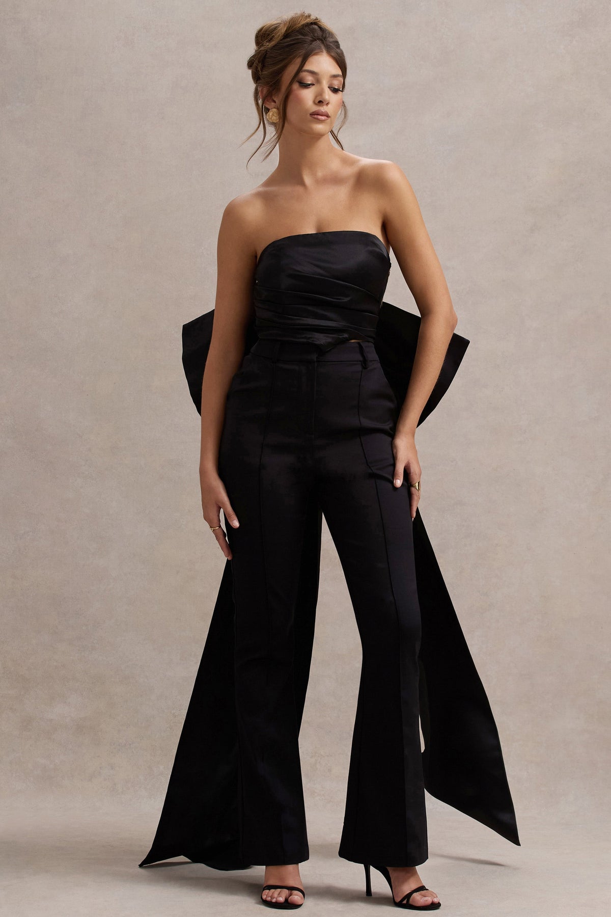 Sweet Escape | Black Satin Crop Top With Oversized Satin Bow