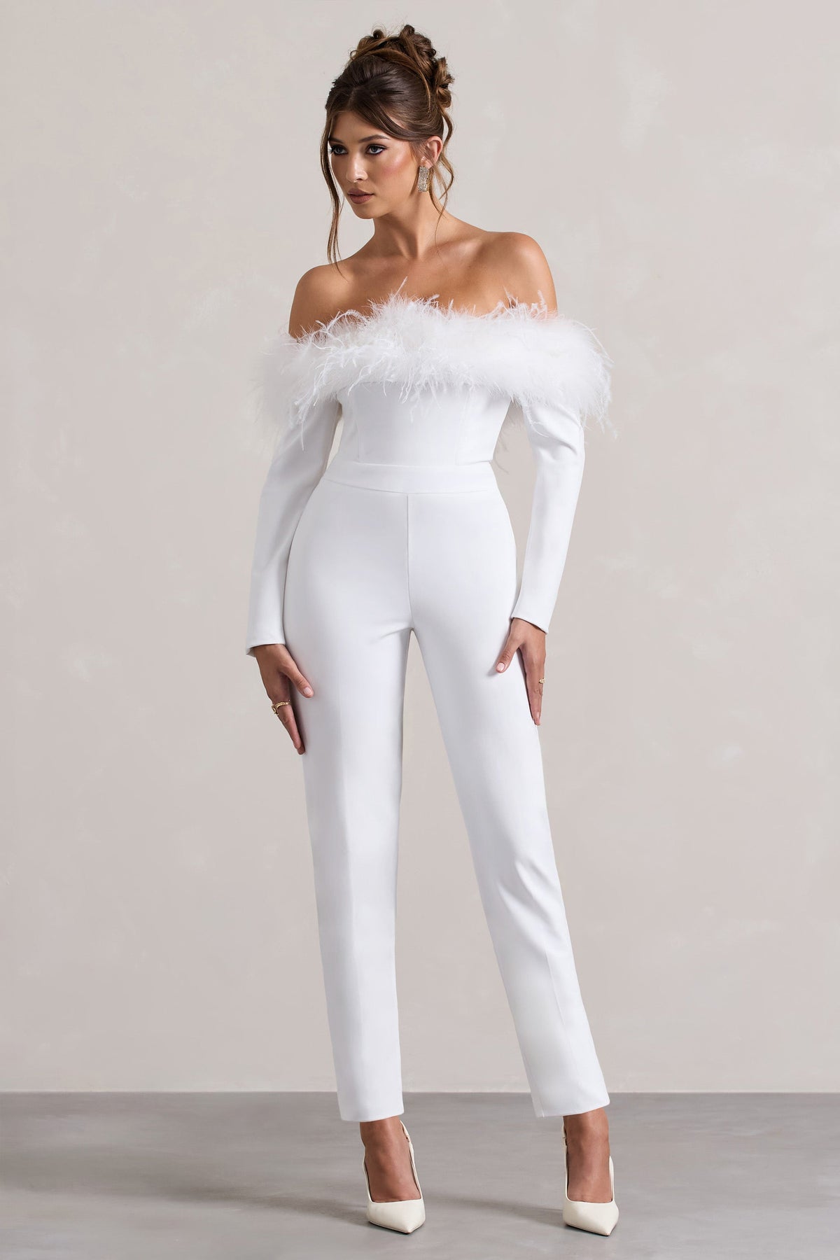 Ales | White Bardot Tailored Straight-Leg Jumpsuit With Feather Trim