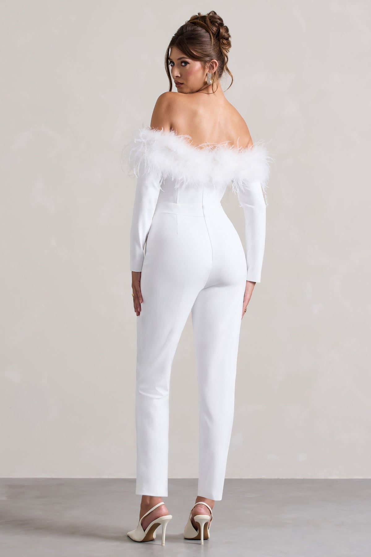 Ales | White Bardot Tailored Straight-Leg Jumpsuit With Feather Trim