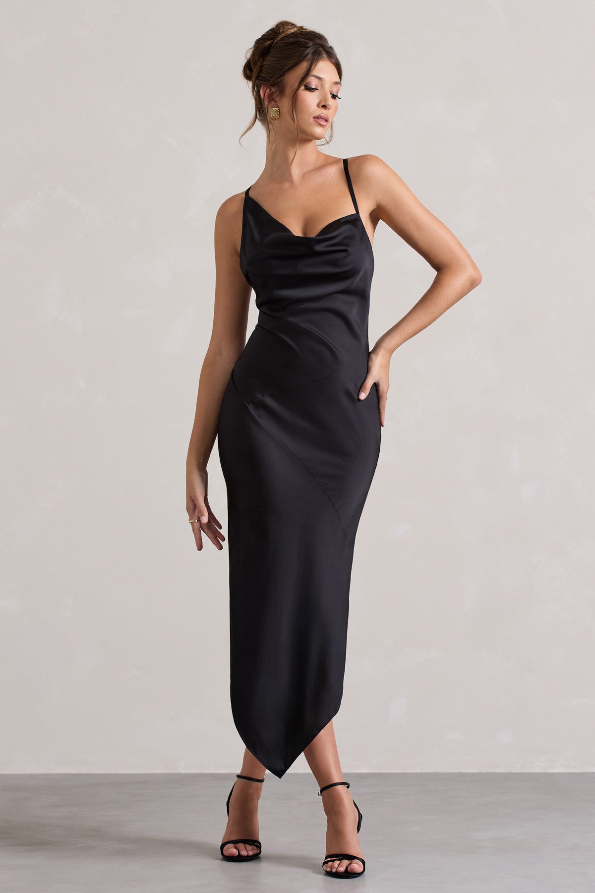 Fillie | Black Satin Asymmetric Cowl-Neck Midi Dress