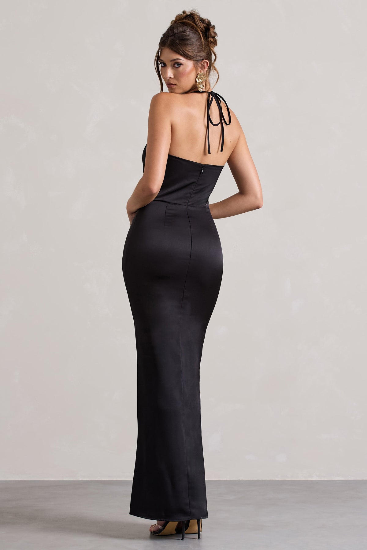 Hermosa | Black Satin Cowl-Neck Twisted Split Maxi Dress