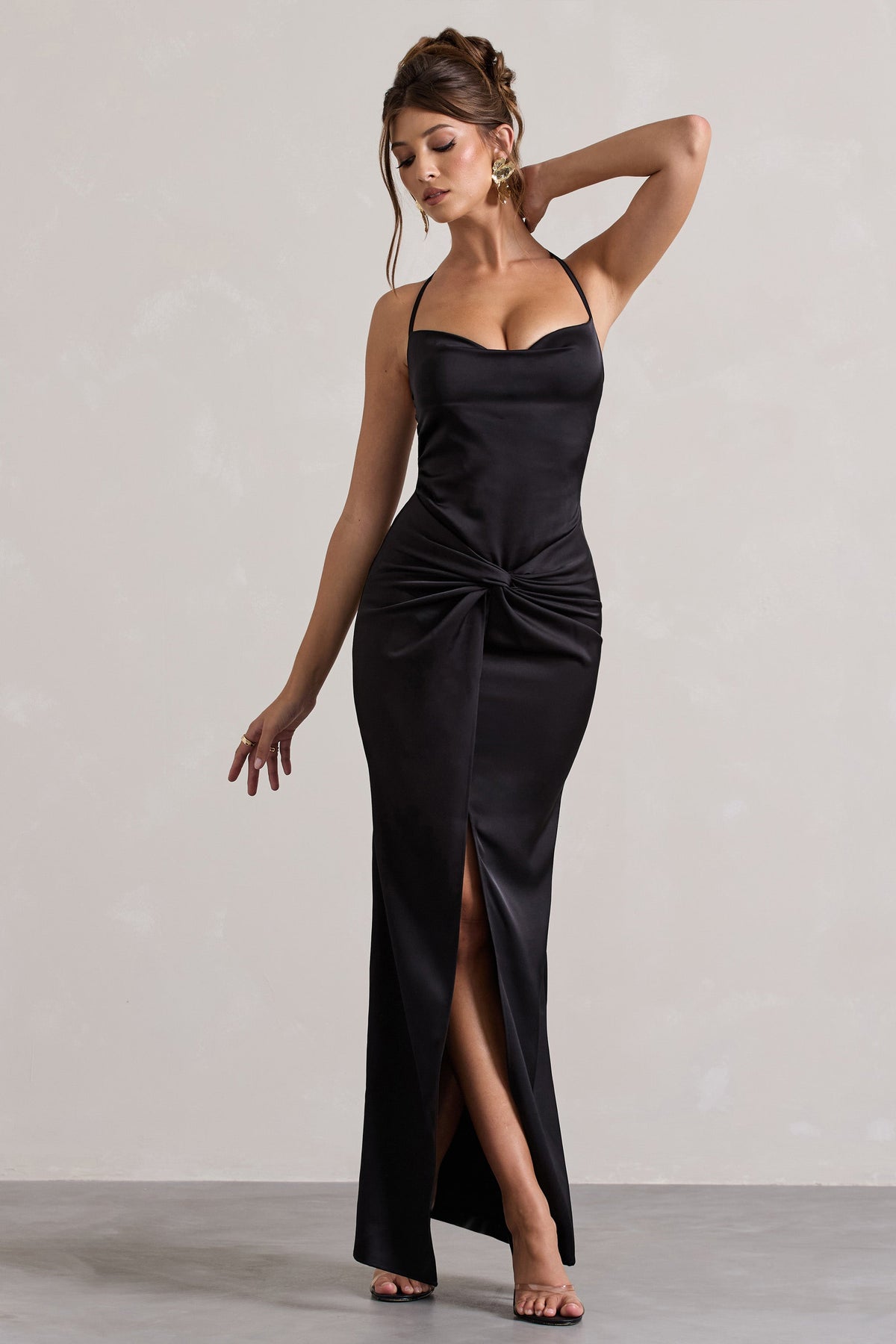 Hermosa | Black Satin Cowl-Neck Twisted Split Maxi Dress