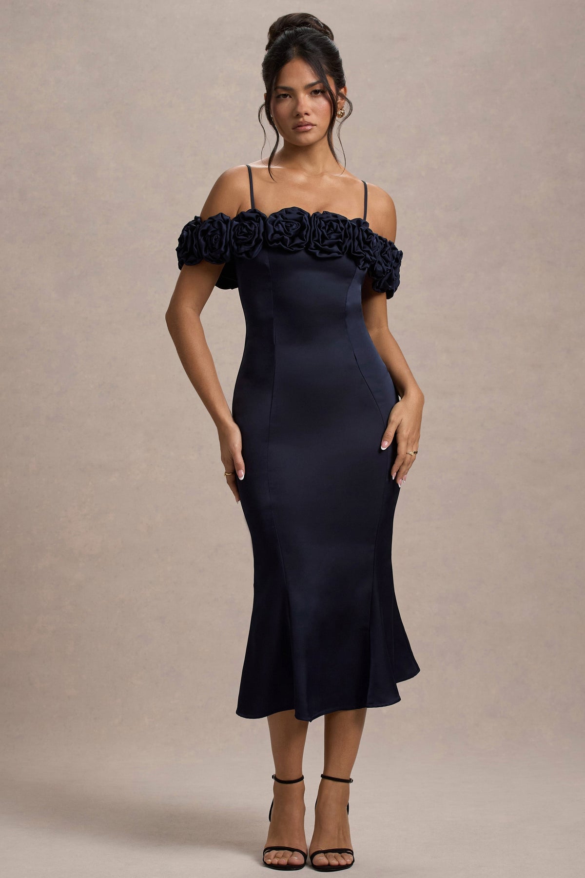 Petunia | Navy Satin Floral Bardot Midi Dress