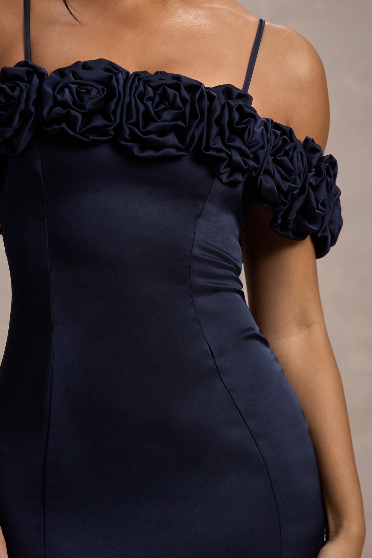 Petunia | Navy Satin Floral Bardot Midi Dress