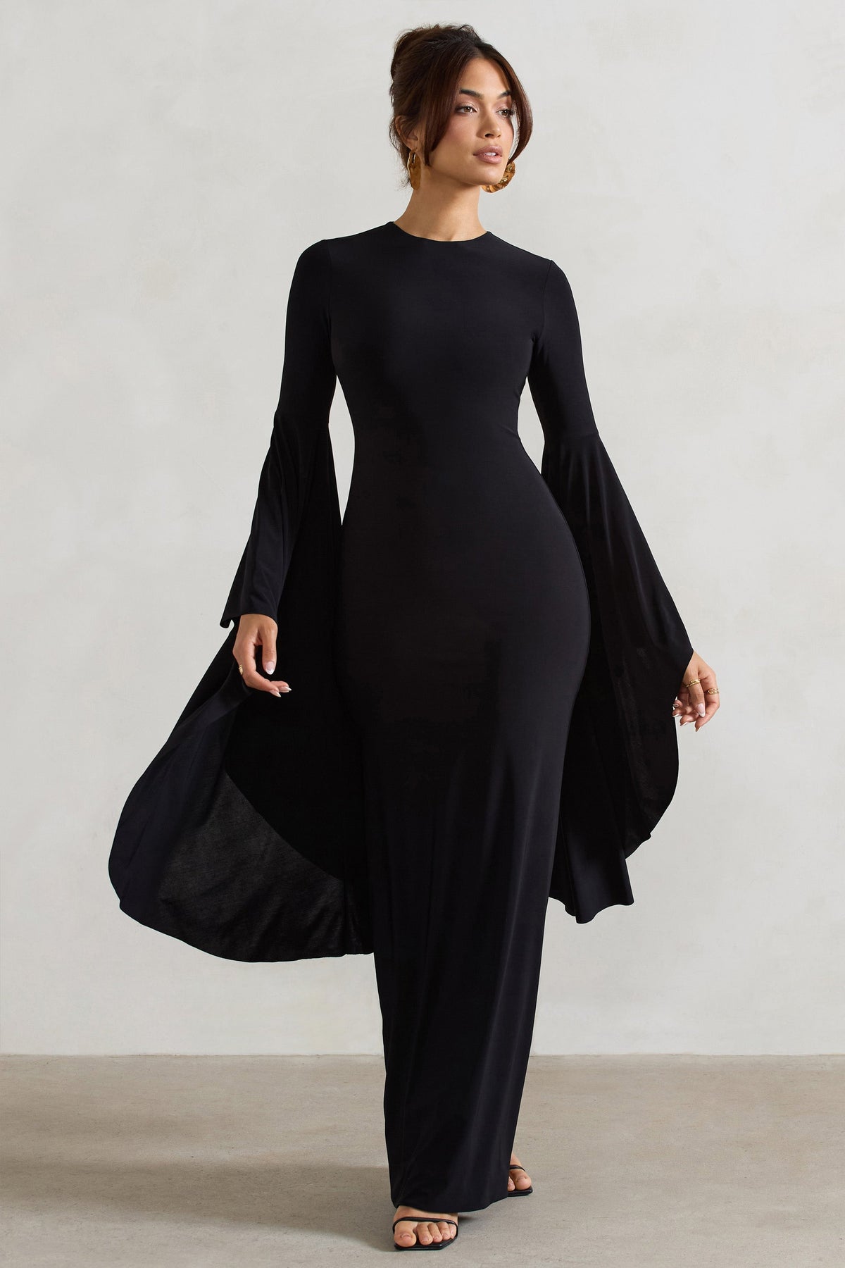 Modena | Black Waterfall Sleeve Maxi Dress