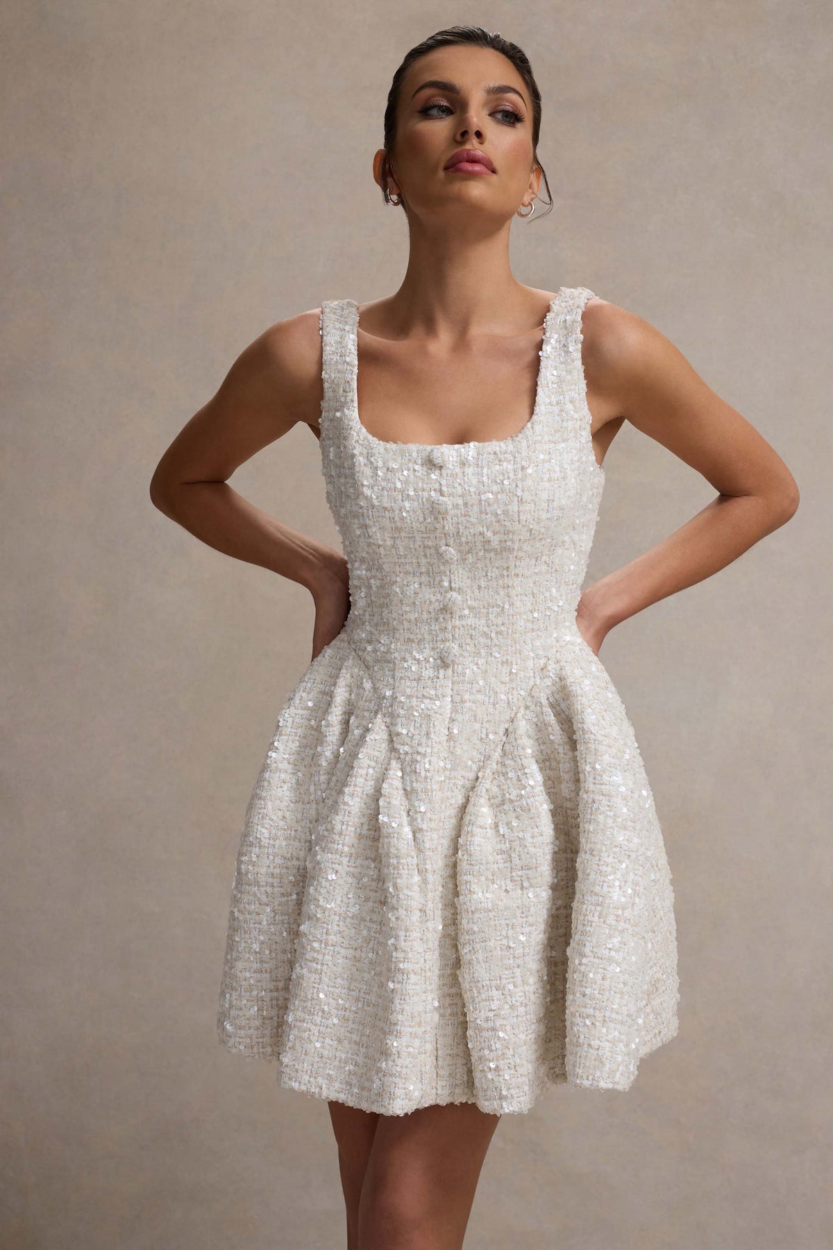 Sugar Plum | Cream Boucle Square-Neck Mini Dress