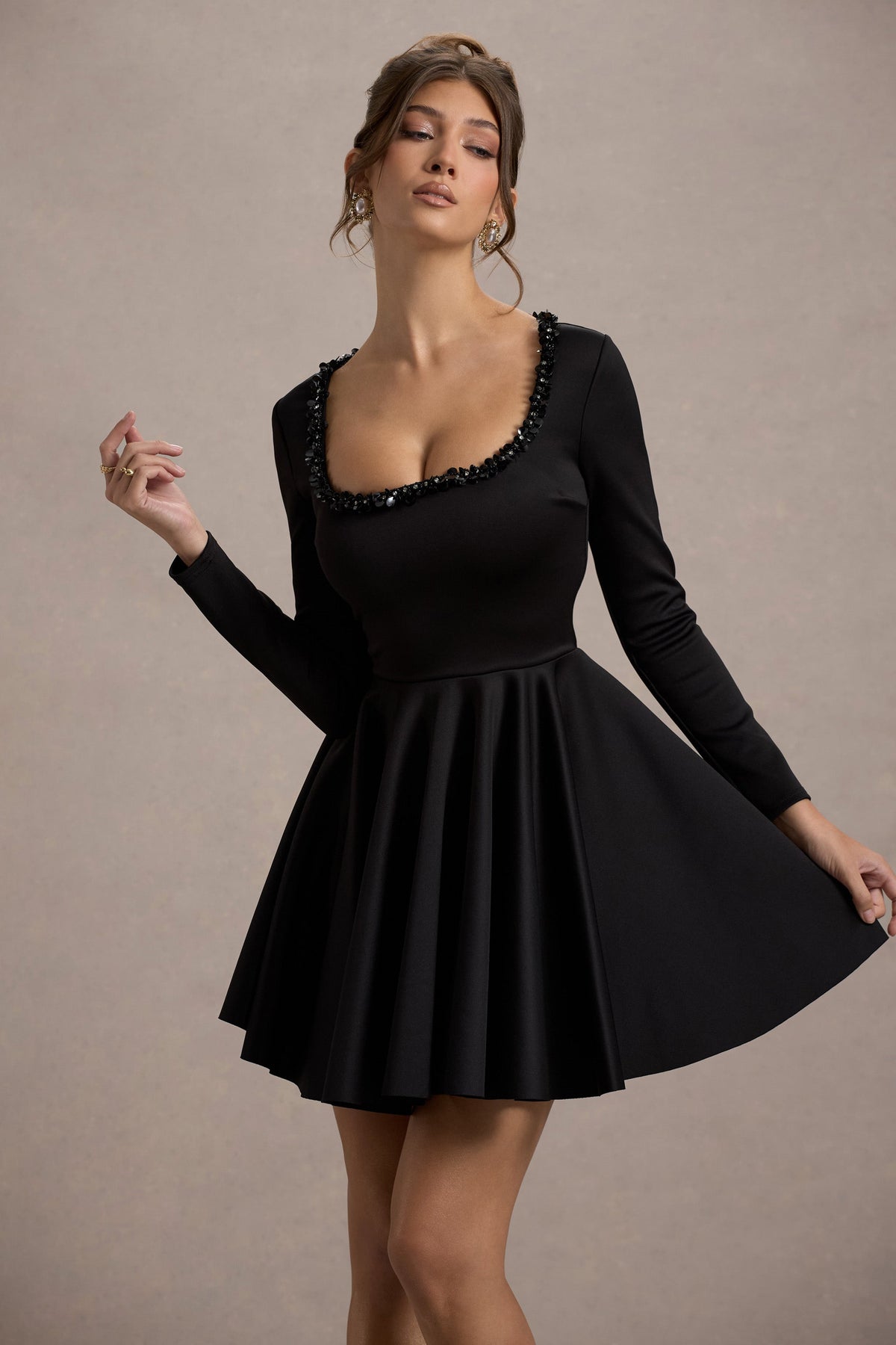 Wilder | Black Square-Neck Long-Sleeve Skater Mini Dress