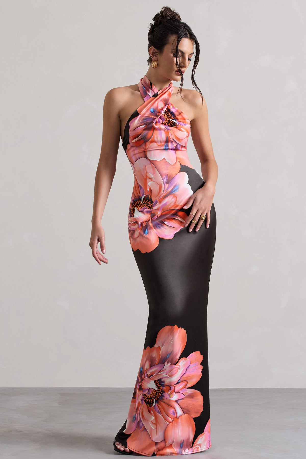 Tropicana | Pink Floral Satin Cross Over Halterneck Maxi Dress