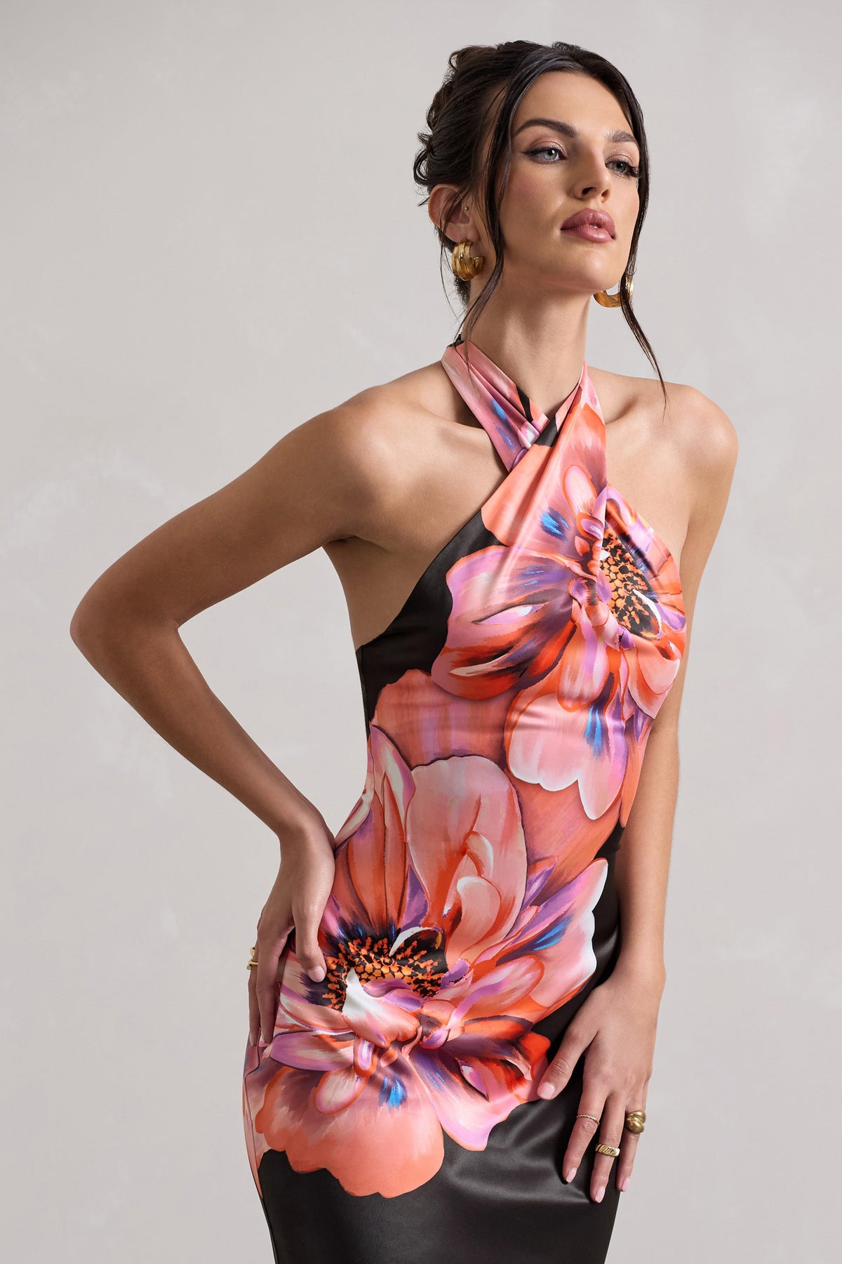 Tropicana | Pink Floral Satin Cross Over Halterneck Maxi Dress