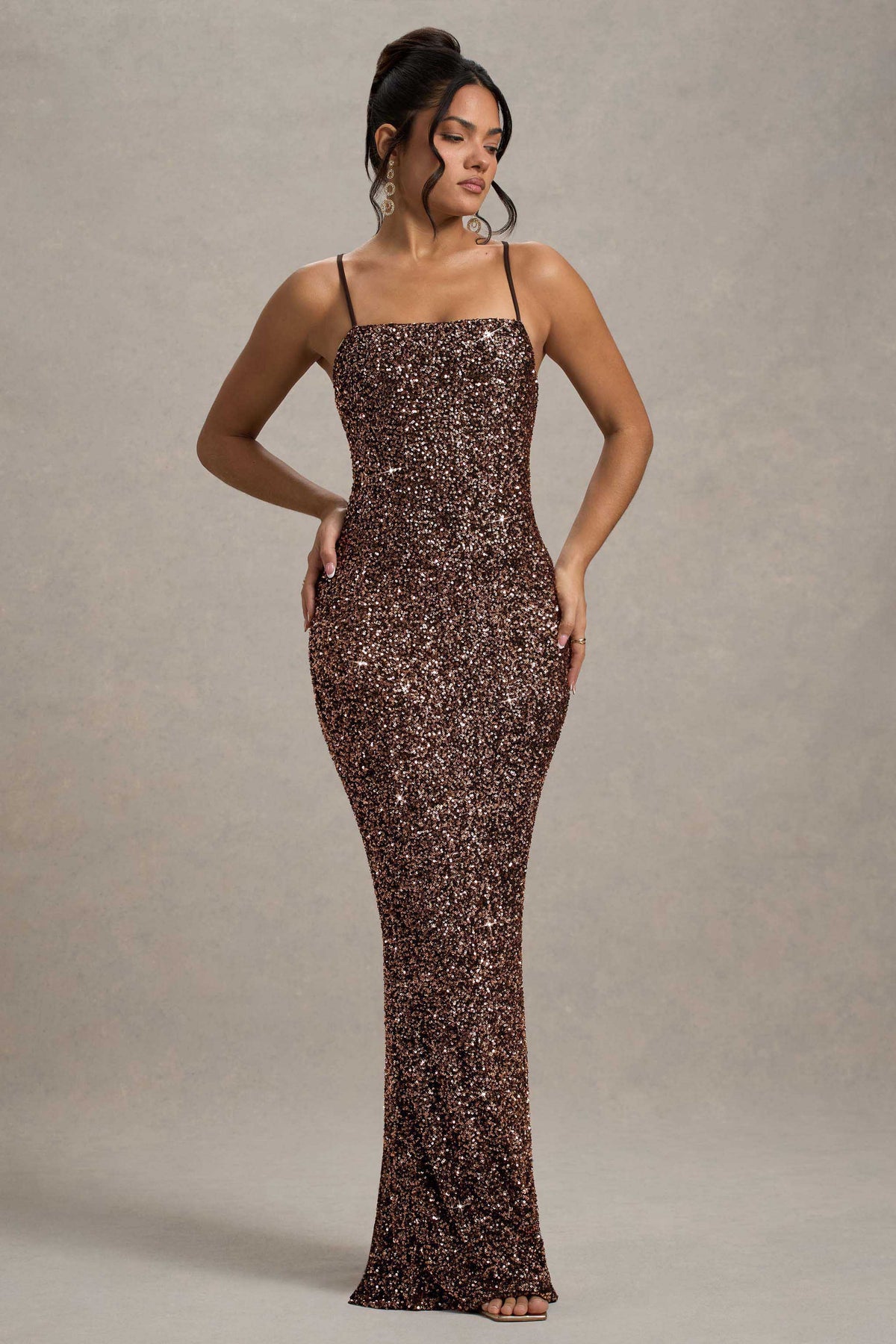 Cosmic | Bronze Sequin Square-Neck Strappy Maxi Dress